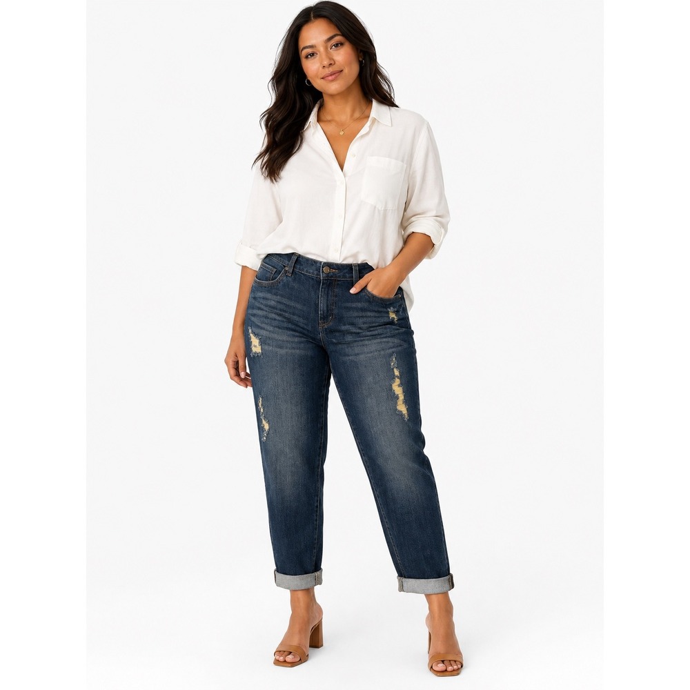 Elle Skinny Boyfriend Jeans Womens 10 Medium Wash Distressed Cuffed Denim